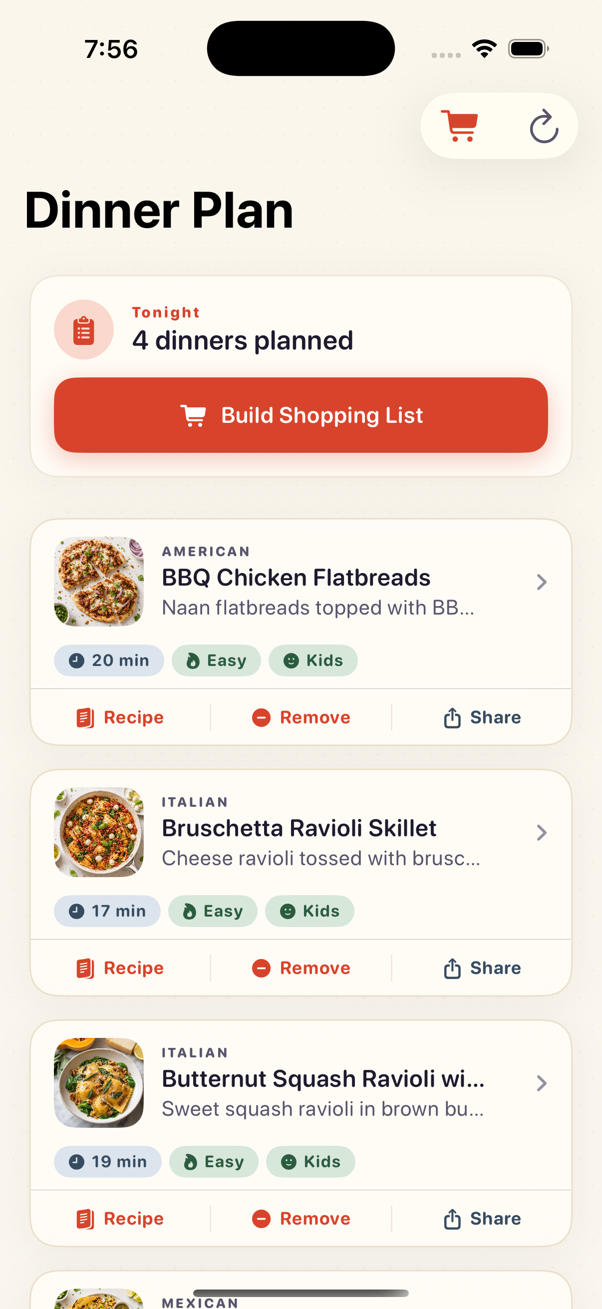 Dinner Plan screen with 4 dinners planned