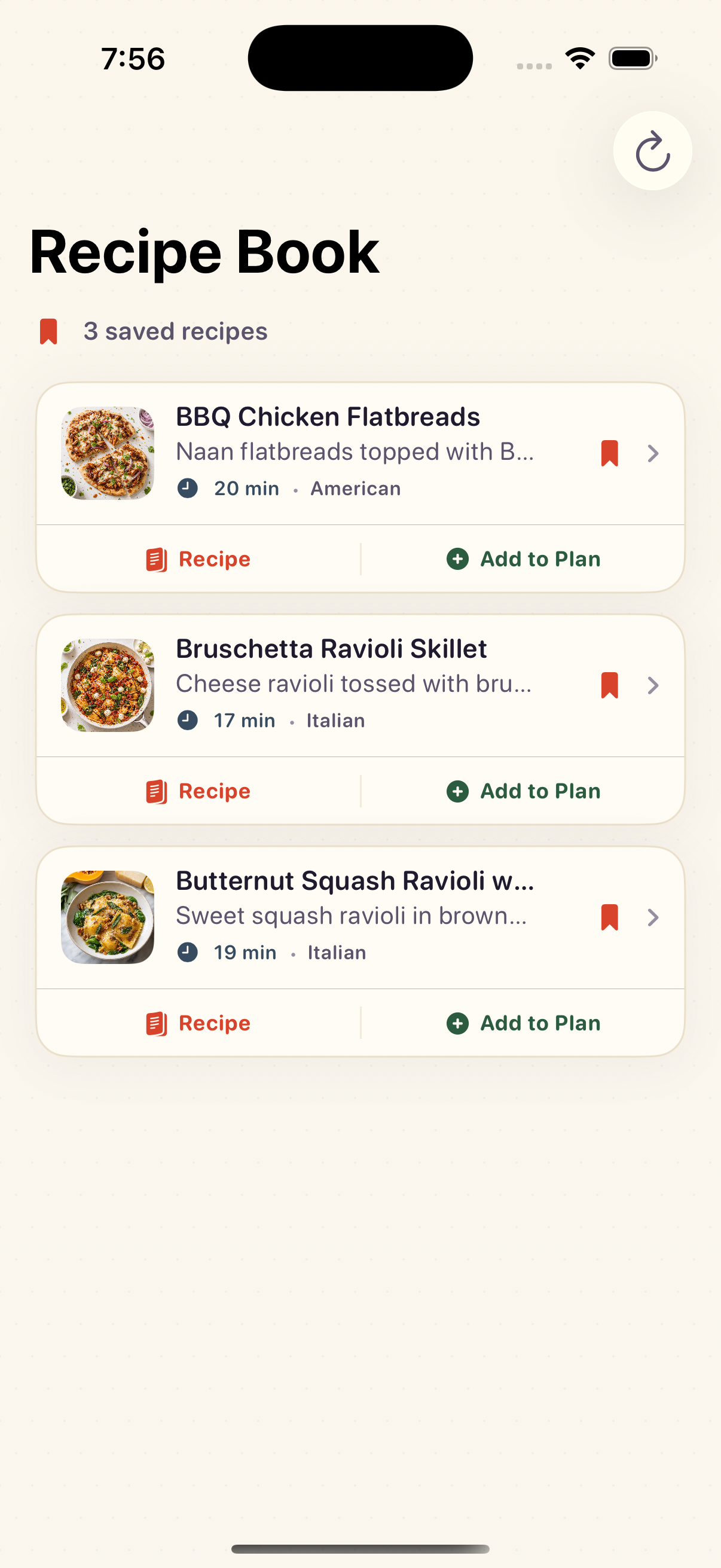 Recipe Book showing 3 saved recipes