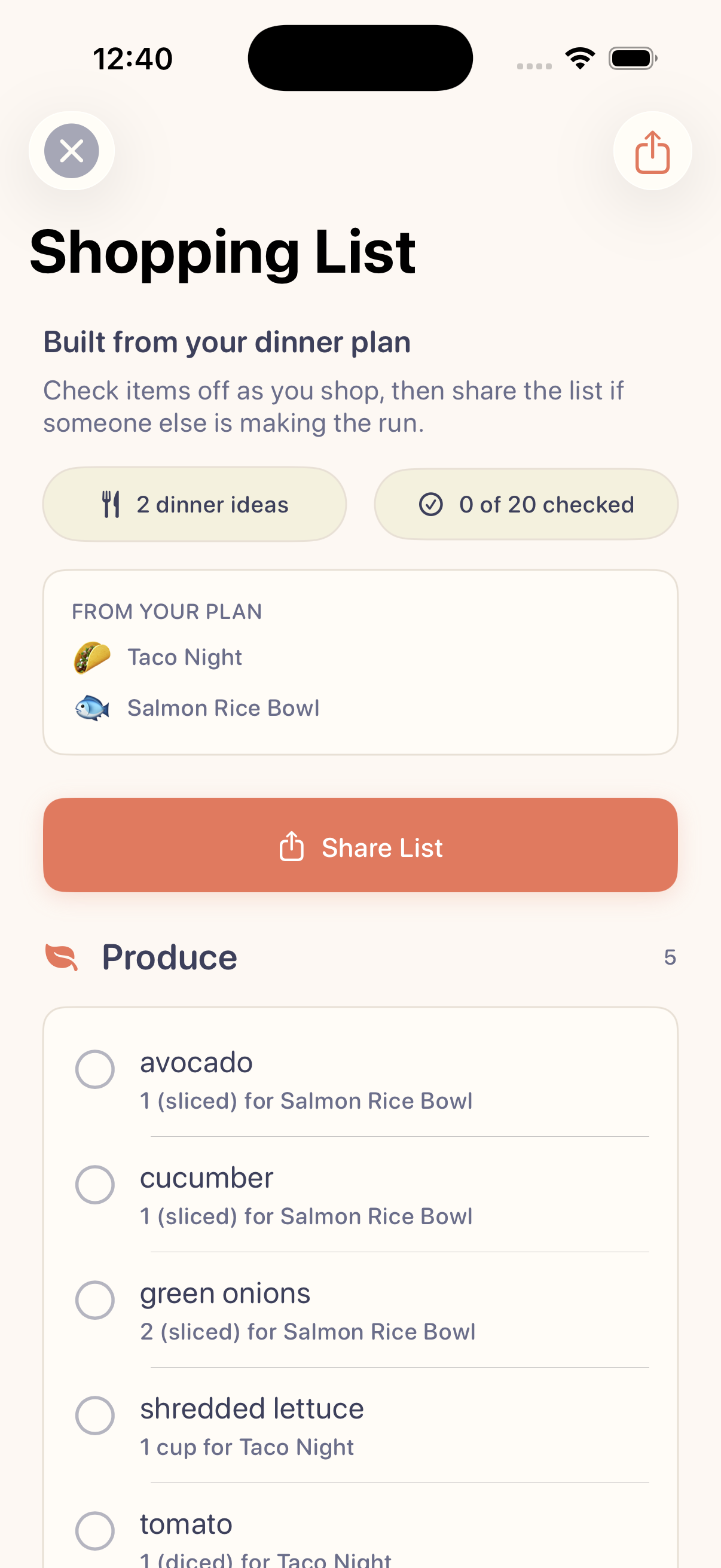 Shopping List screen with grouped produce items