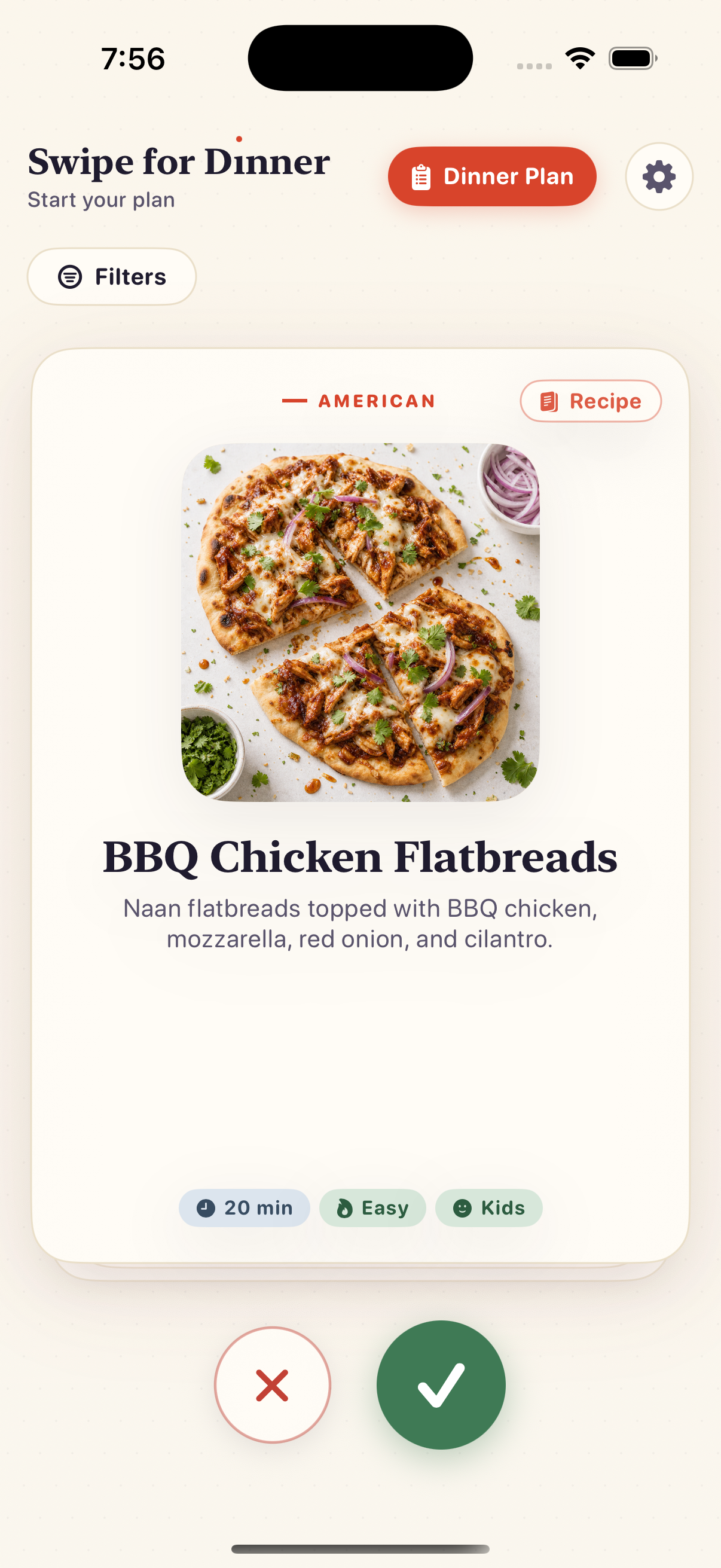 The Swipe for Dinner deck showing a BBQ Chicken Flatbreads recipe card