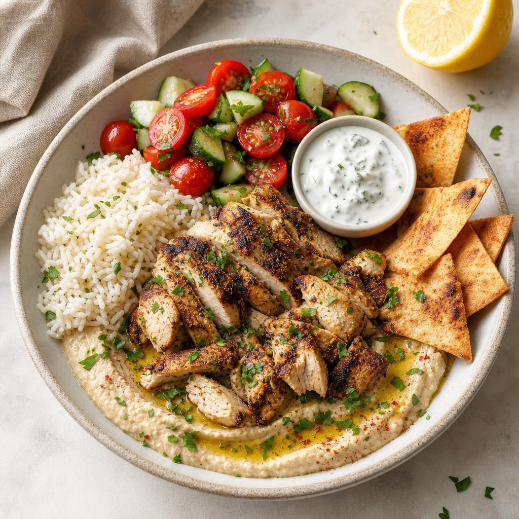 Chicken shawarma bowl with rice, cucumber, and tomatoes