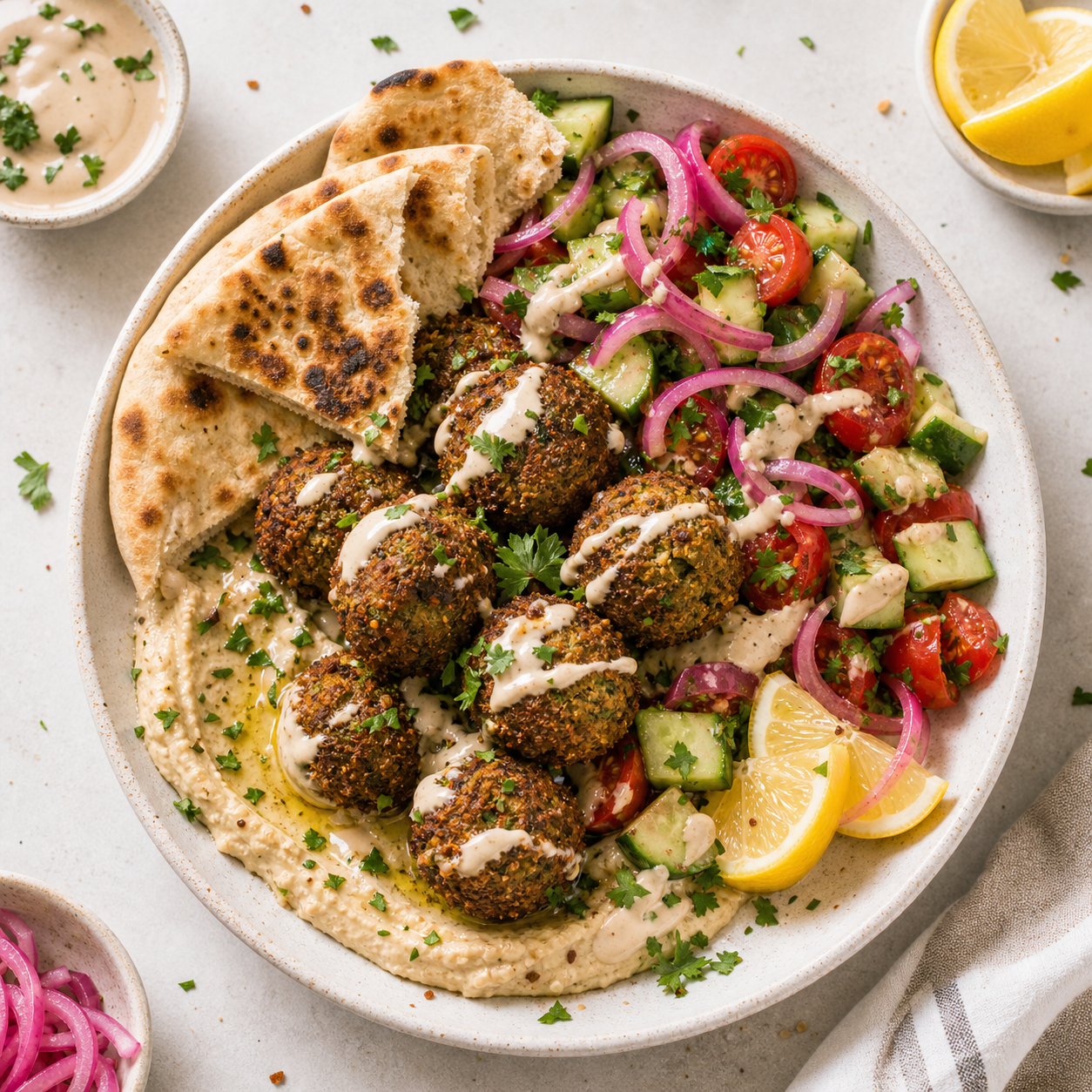 App catalogue illustration of Falafel pita bowls with lemon tahini