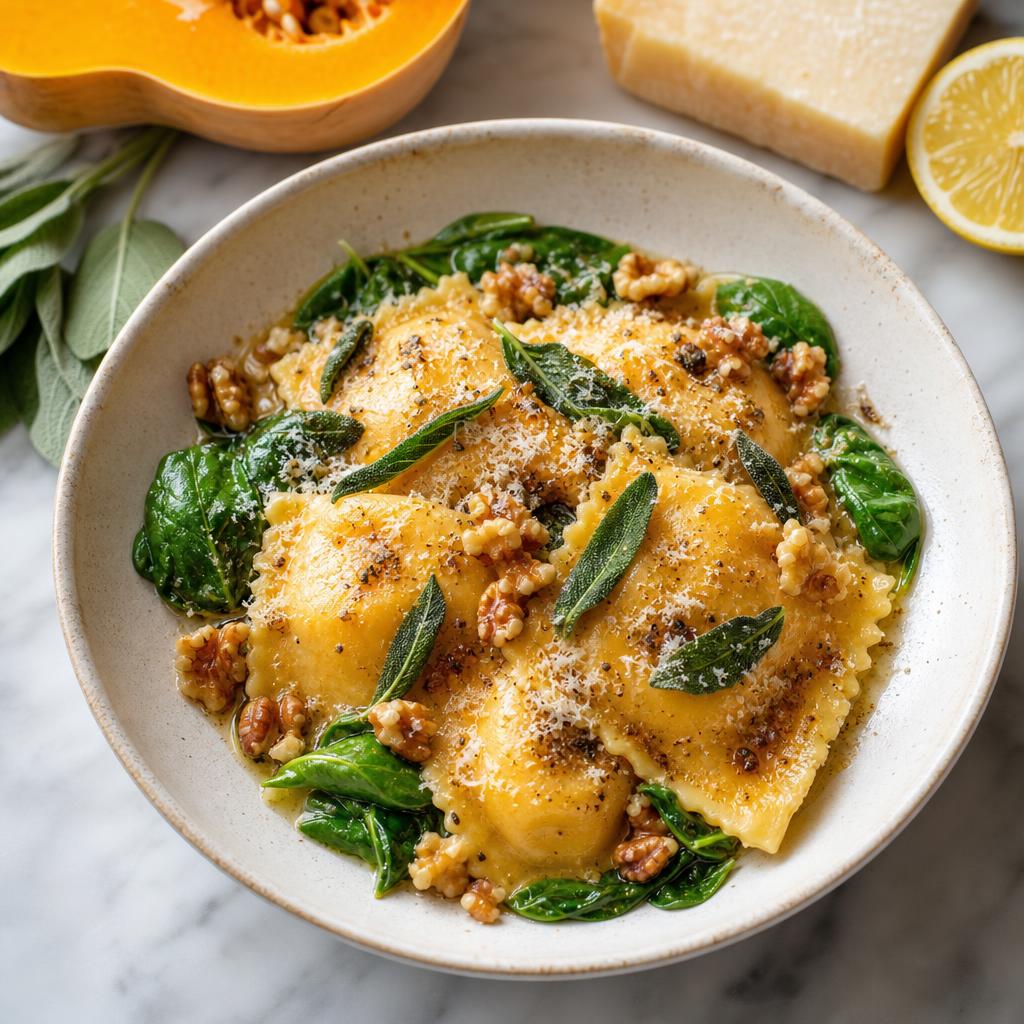 App catalogue illustration of Butternut ravioli with sage and walnuts