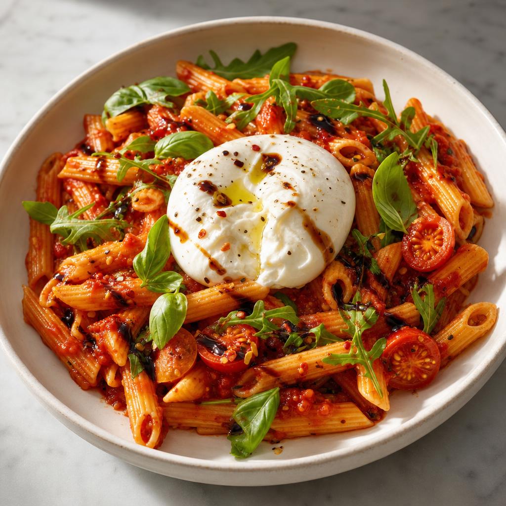 App catalogue illustration of Arrabbiata penne with burrata