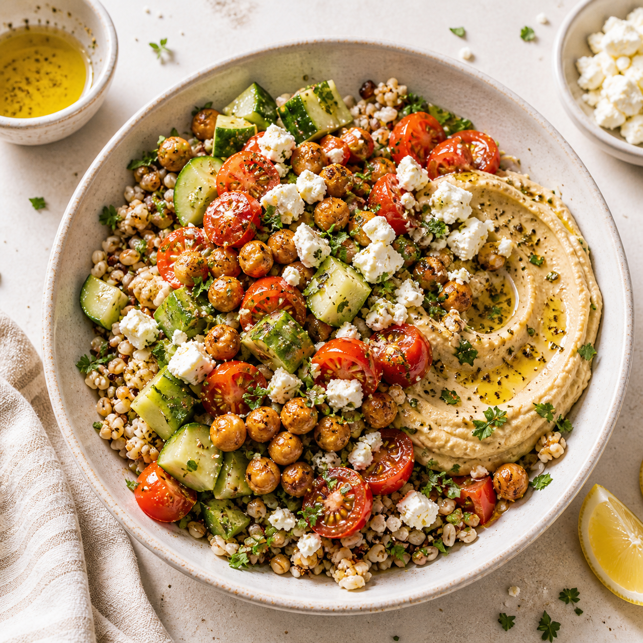 App catalogue illustration of Greek-inspired chickpea grain bowls