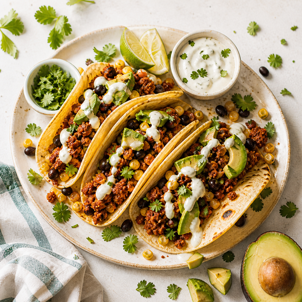 App catalogue illustration of Soy chorizo and black bean tacos