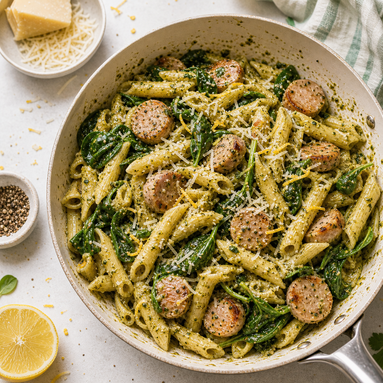 App catalogue illustration of Lemon pesto chicken sausage pasta